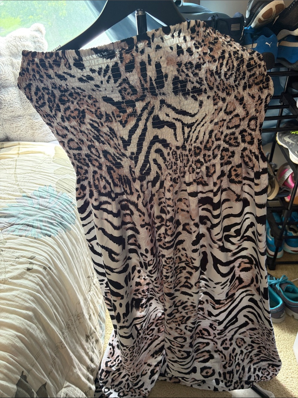 Strapless Animal-Print Maxi Dress in Black and Cream
